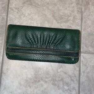 LAUREN MERKIN Green Leather Snakeskin Embossed Clutch